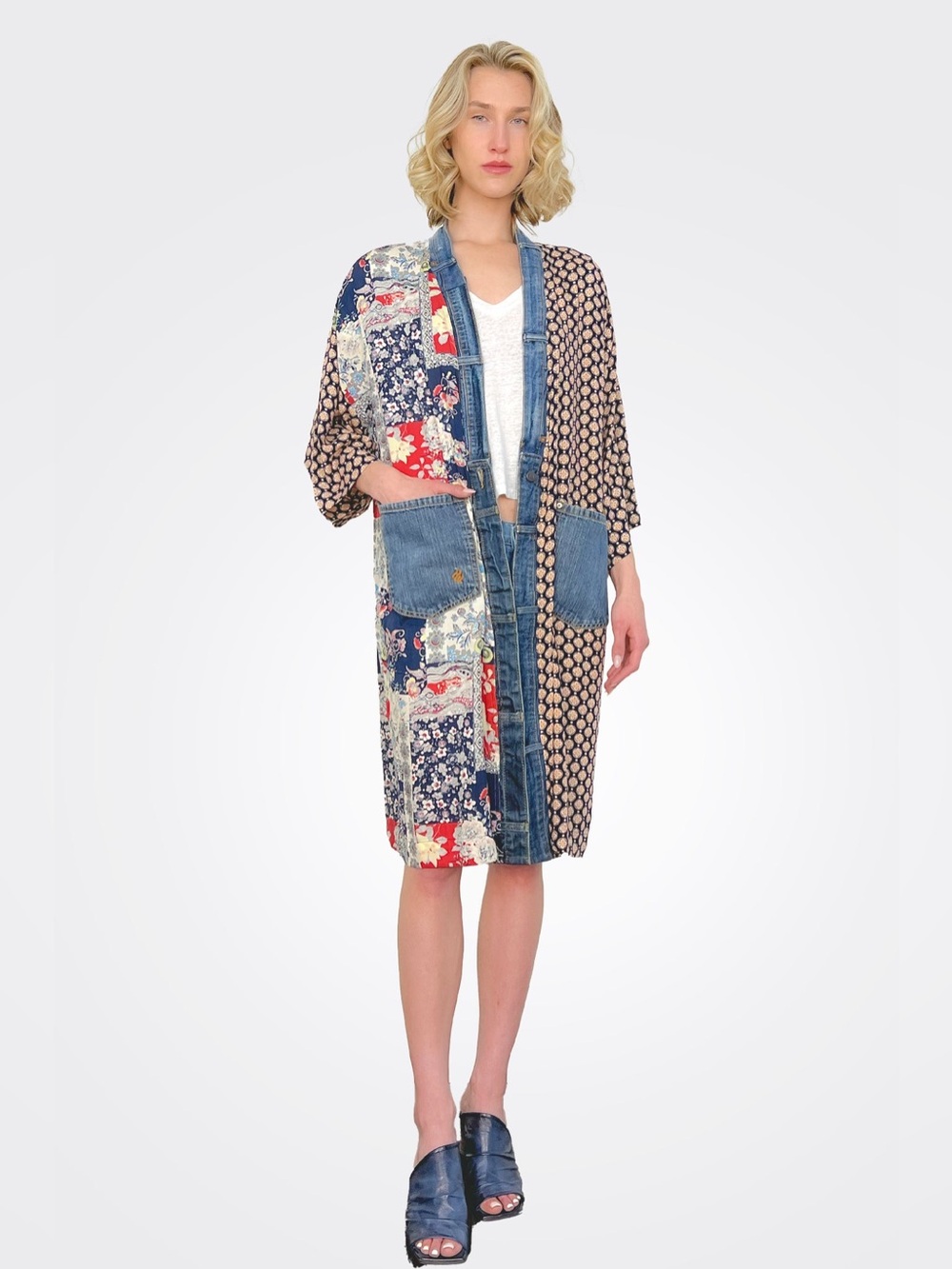 Bohemian Shannon Passero Janis Patchwork Denim Trim Long Cardigan Duster Kimono